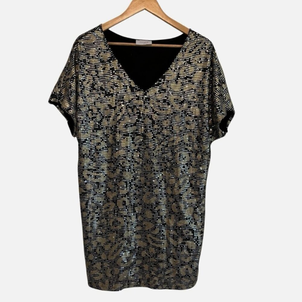 Adrienne Women's Medium Black Gold Metallic MINI Tunic Party Night Club Dress